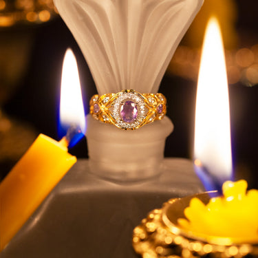 0.53ct natural alexandrite and diamond vintage style 18k yellow and white gold ring with filigree design and color-changing gemstone centerpiece